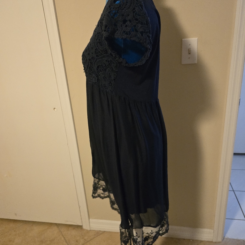 Piazzo Roma Navy Lace Detail Silk Dress L Crocheted Detail Italy Romantic - Picture 2 of 10